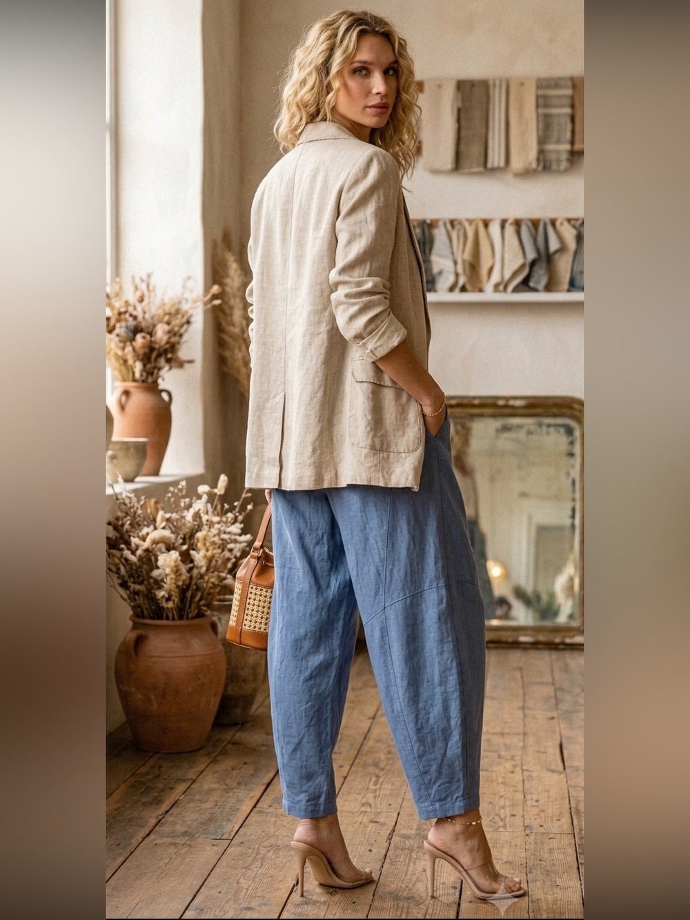 A702. Relaxed Drawstring Linen-Blend Pants in Dusty Blue