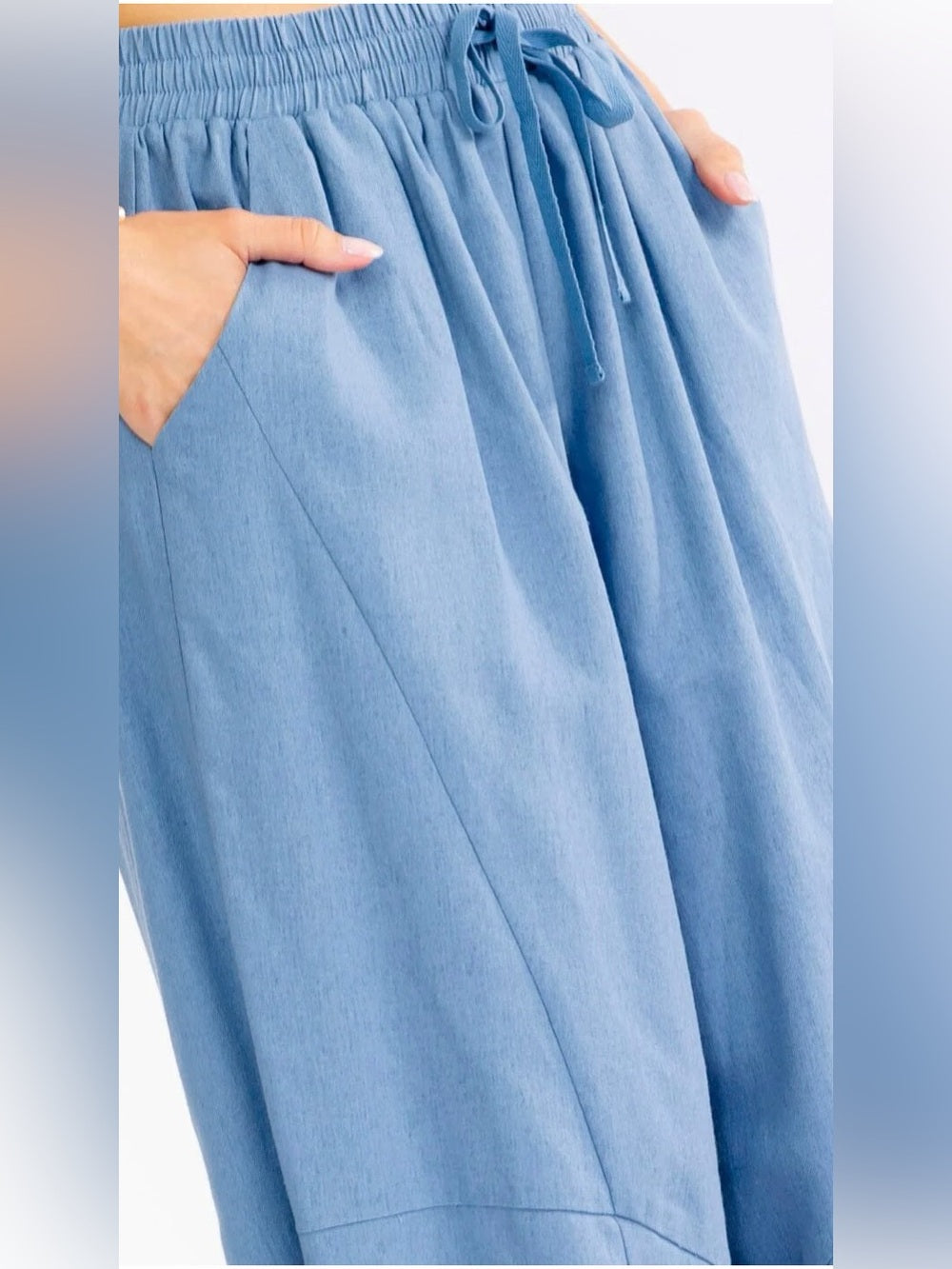 A702. Relaxed Drawstring Linen-Blend Pants in Dusty Blue