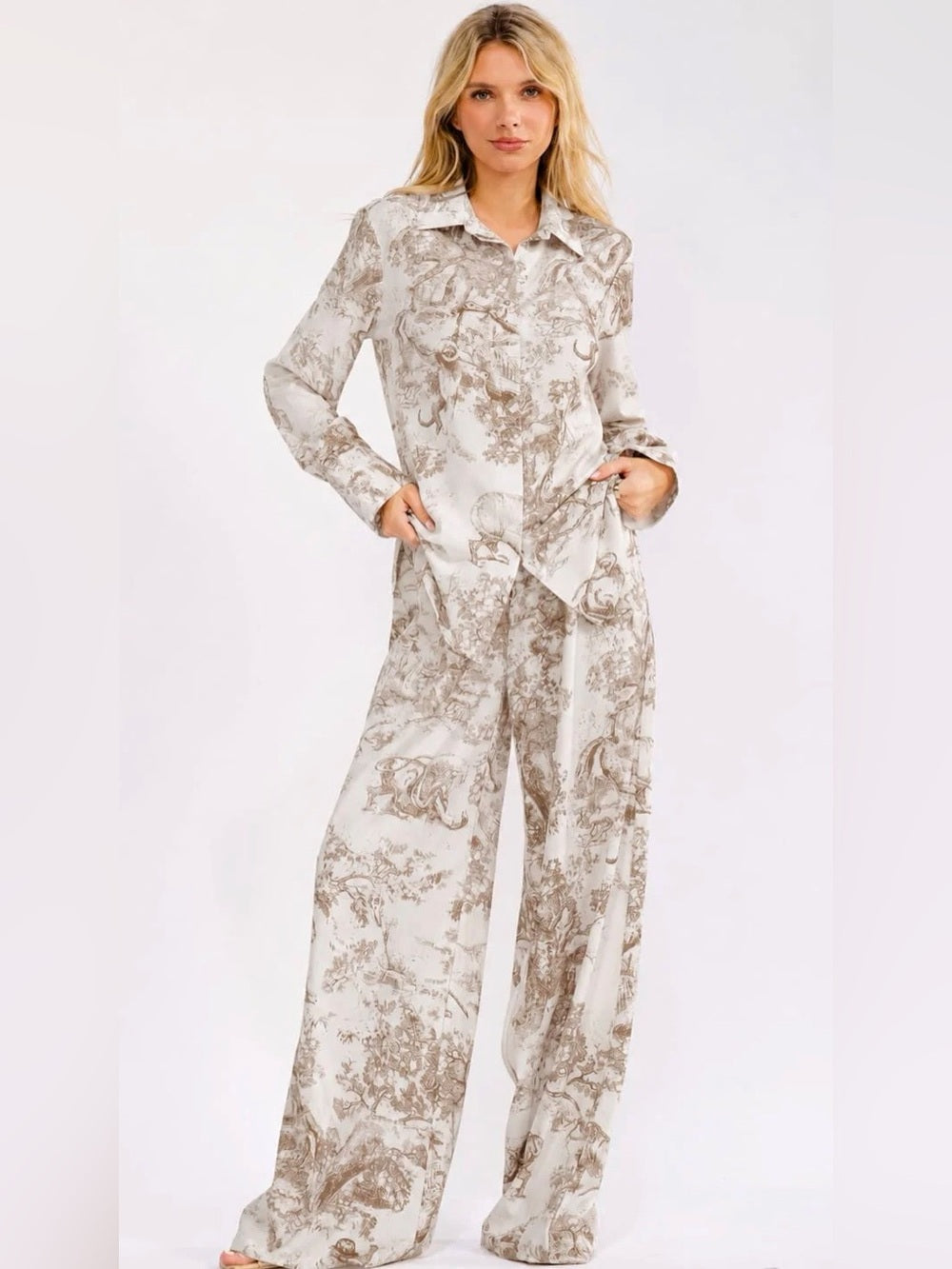 A704. Neutral Toile-Print Wide-Leg Jumpsuit