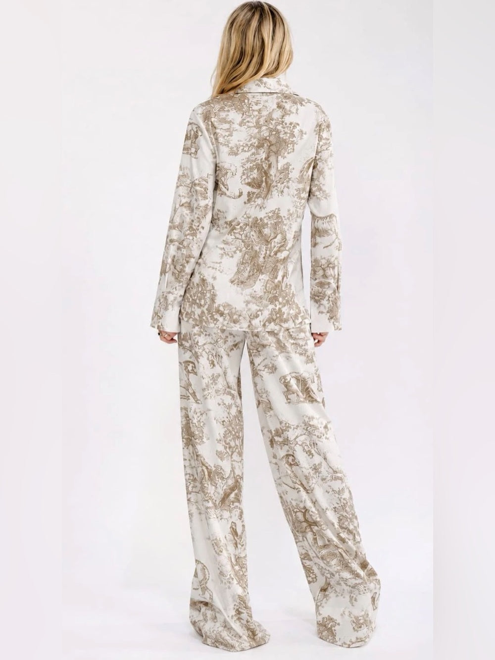 A704. Neutral Toile-Print Wide-Leg Jumpsuit