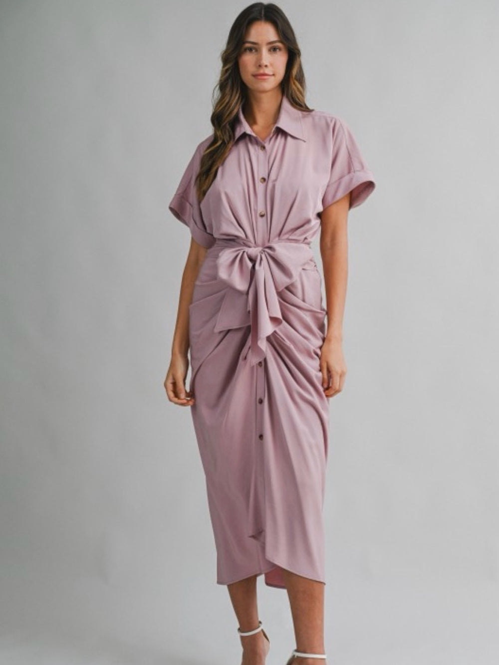 A705. Mable Tie-Front Midi Shirt Dress in Dusty Mauve