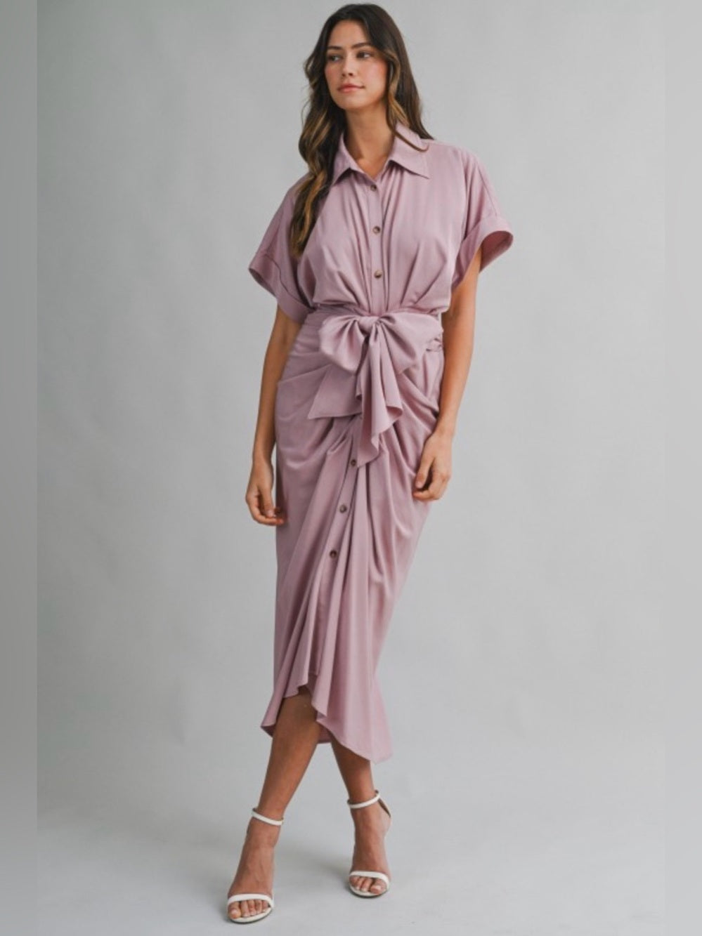 A705. Mable Tie-Front Midi Shirt Dress in Dusty Mauve