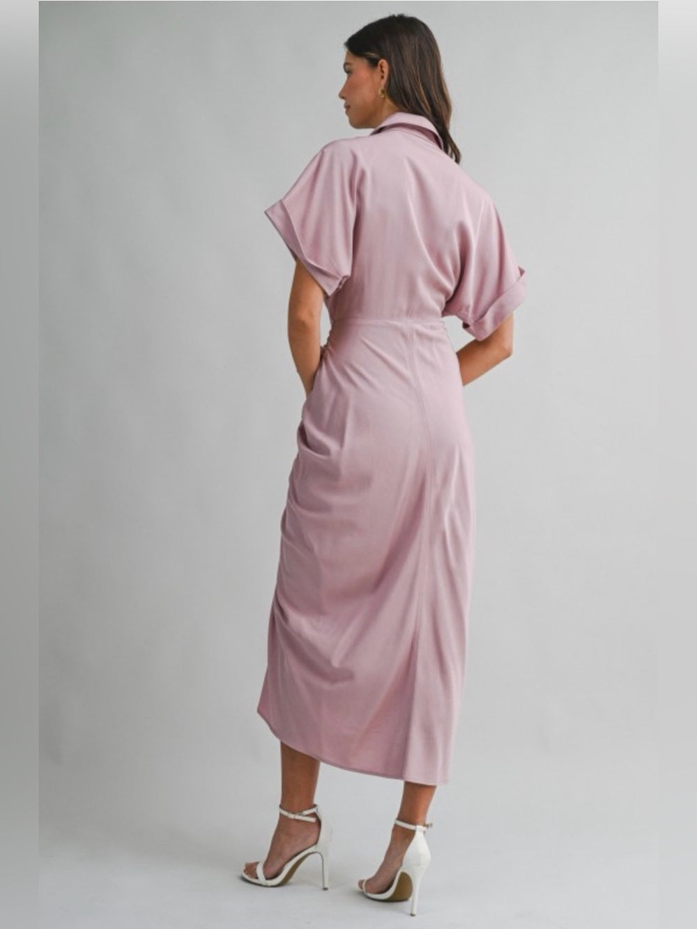 A705. Mable Tie-Front Midi Shirt Dress in Dusty Mauve