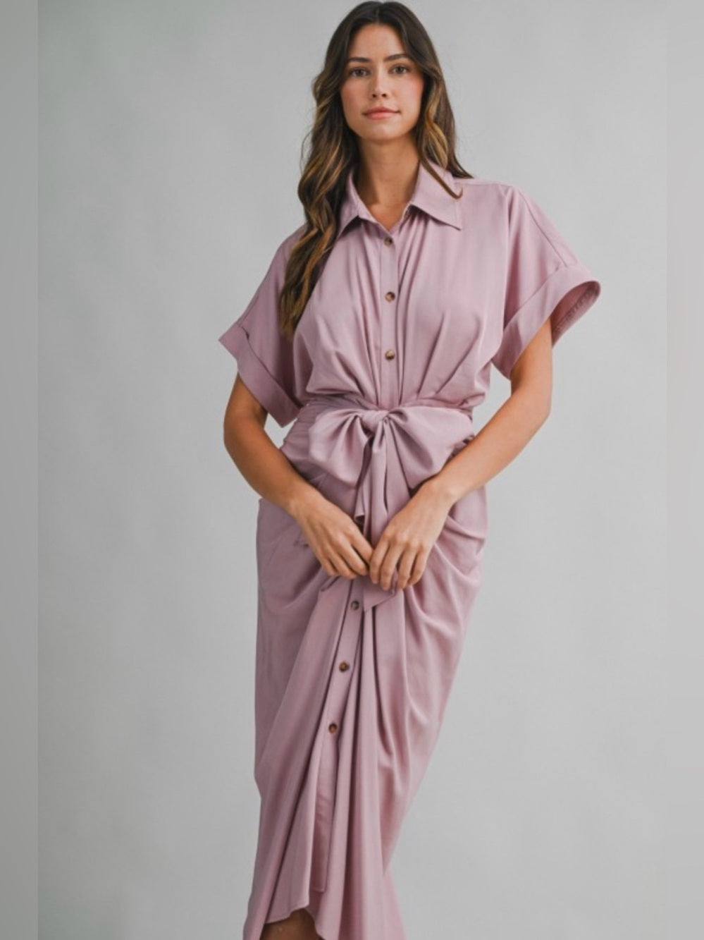 A705. Mable Tie-Front Midi Shirt Dress in Dusty Mauve