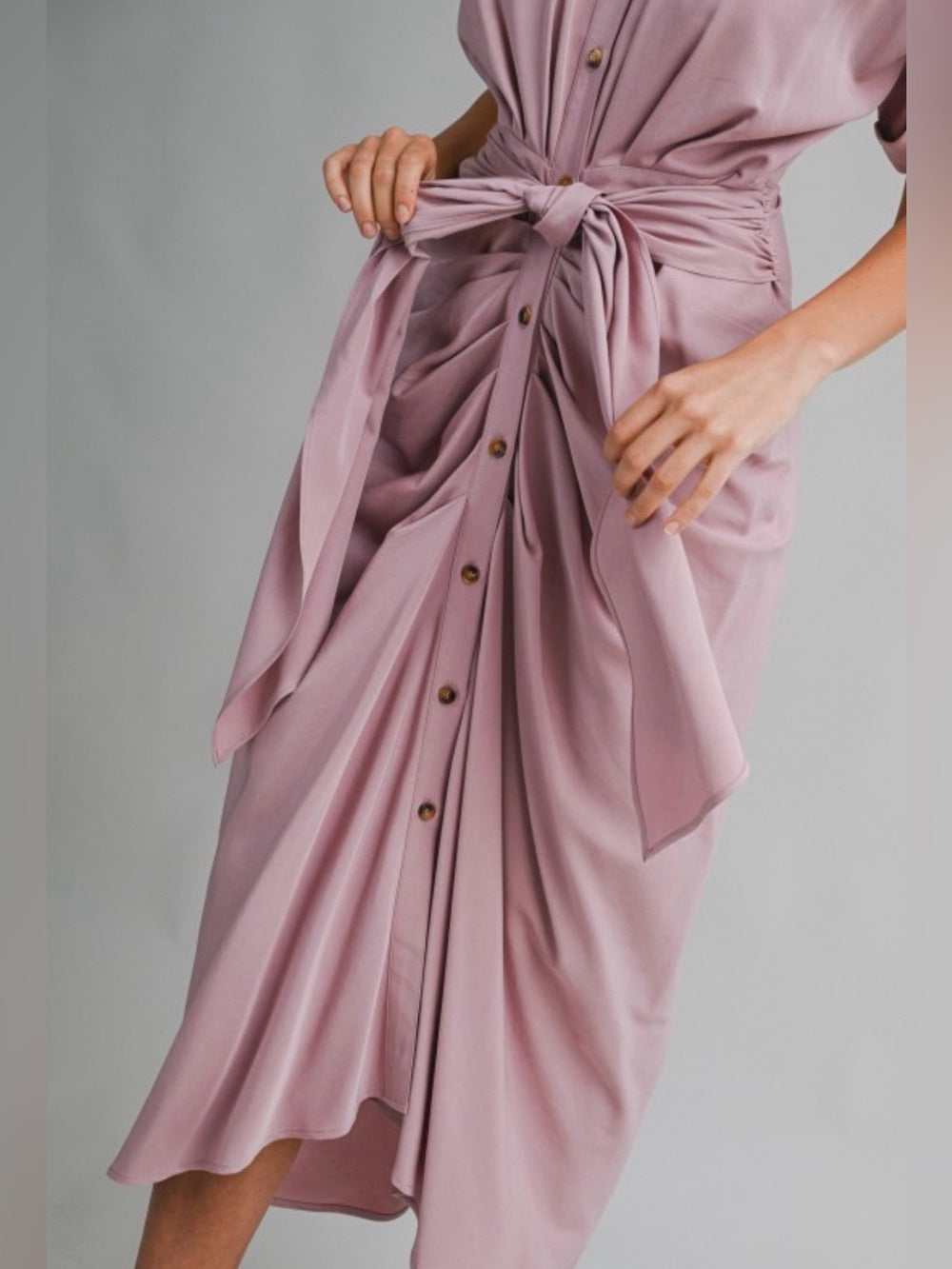 A705. Mable Tie-Front Midi Shirt Dress in Dusty Mauve