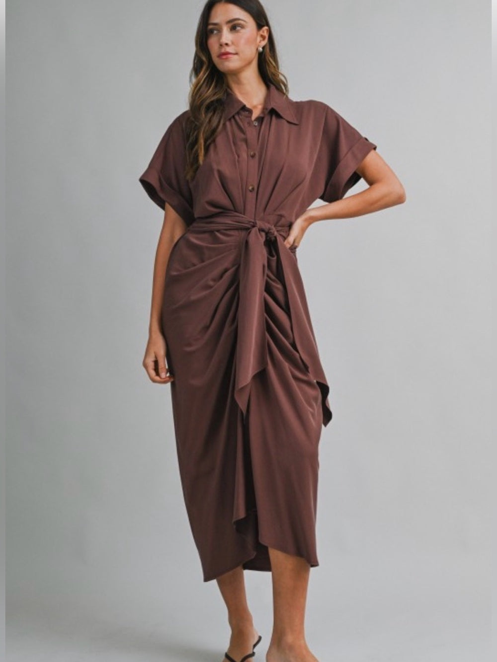 A706. Mable Tie-Waist Shirt Dress in Chocolate Brown