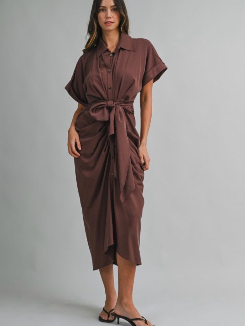 A706. Mable Tie-Waist Shirt Dress in Chocolate Brown