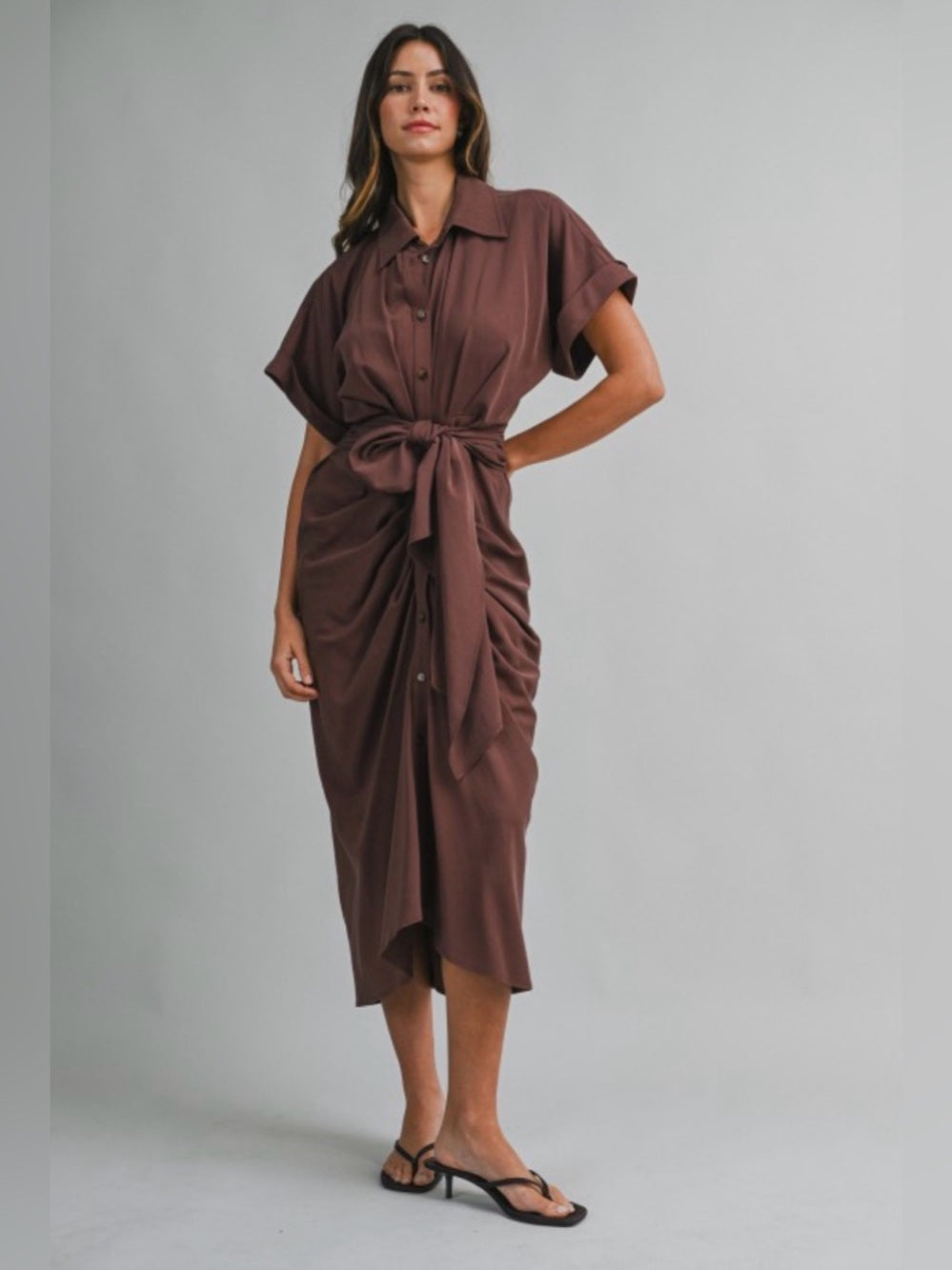 A706. Mable Tie-Waist Shirt Dress in Chocolate Brown