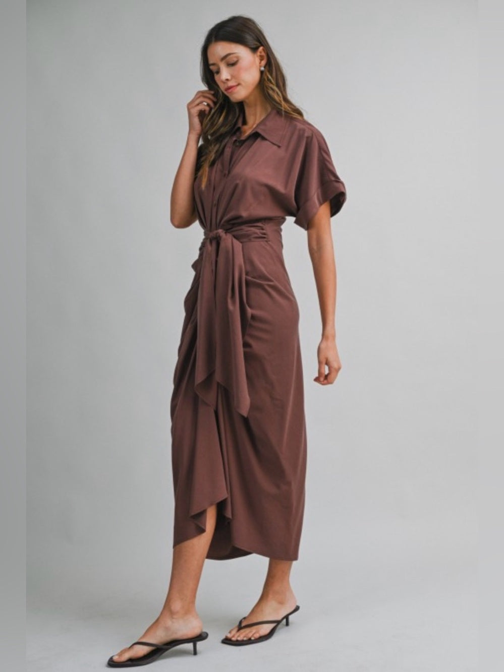 A706. Mable Tie-Waist Shirt Dress in Chocolate Brown