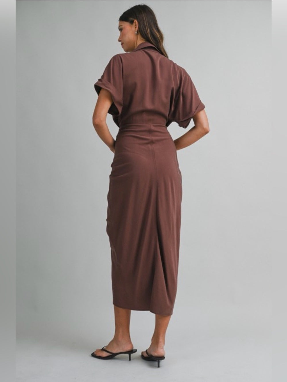 A706. Mable Tie-Waist Shirt Dress in Chocolate Brown