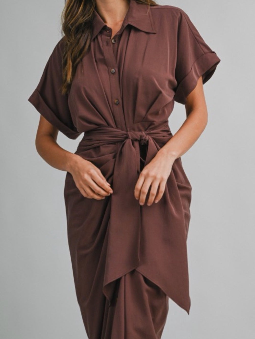 A706. Mable Tie-Waist Shirt Dress in Chocolate Brown