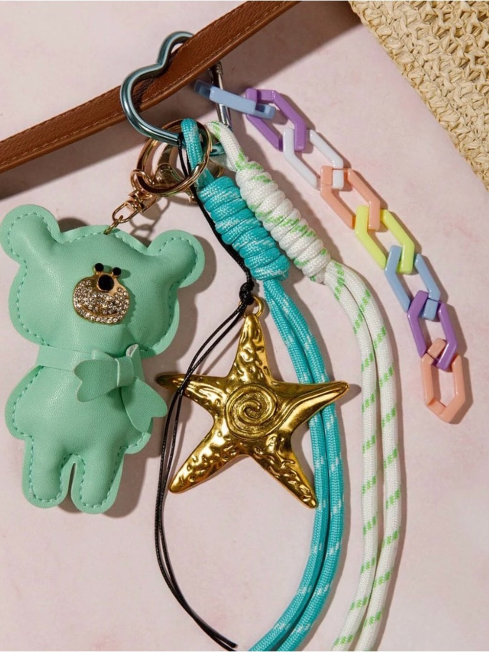 Mint Bear Charm with Gold Star Charm and Pastel Chain
