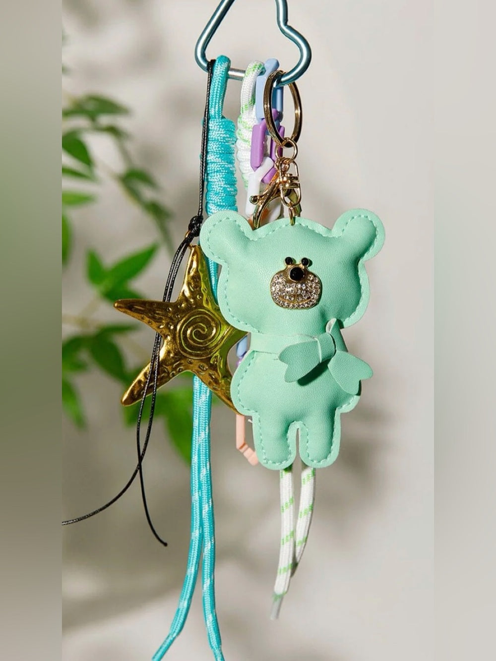 Mint Bear Charm with Gold Star Charm and Pastel Chain