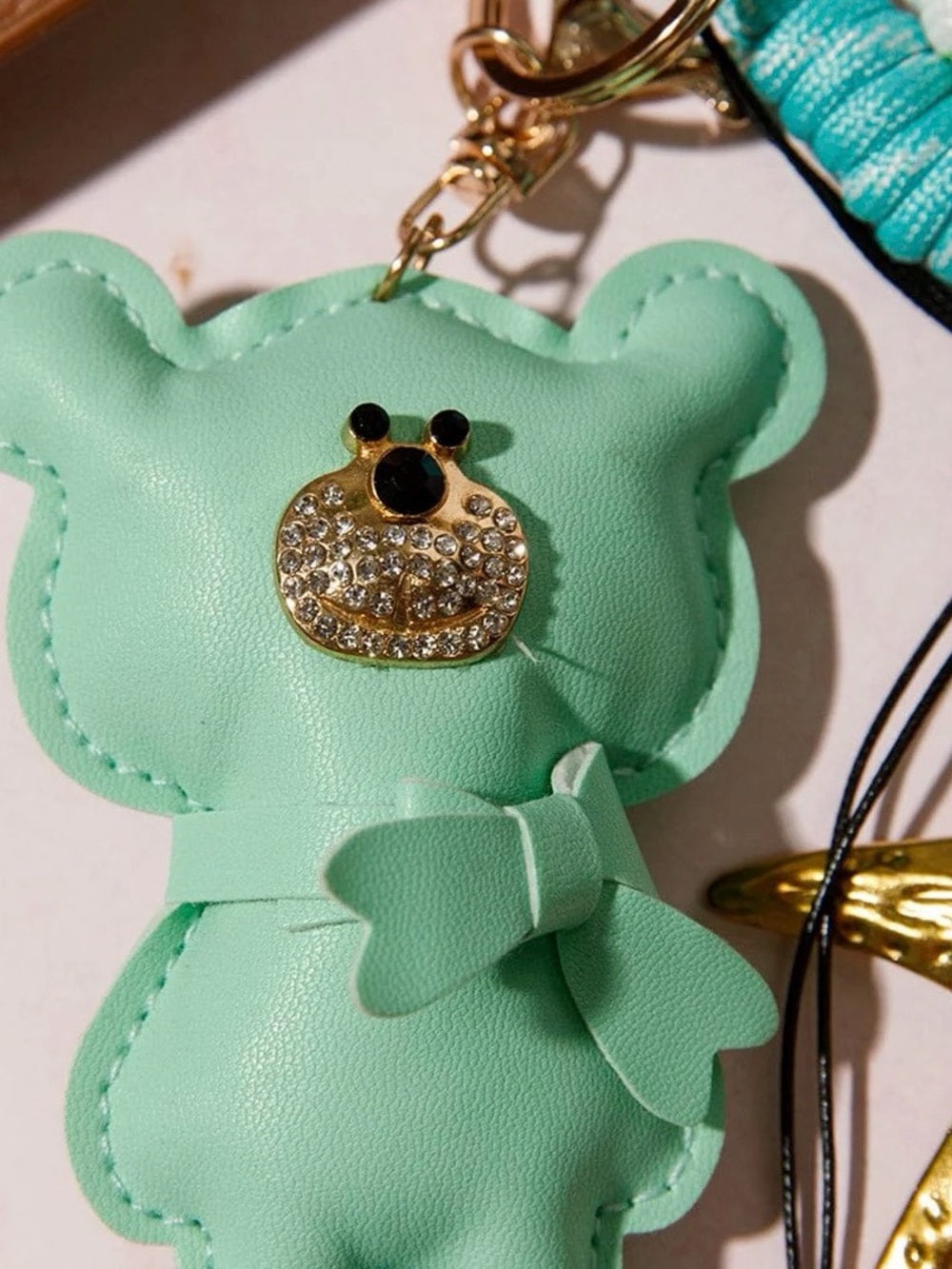 Mint Bear Charm with Gold Star Charm and Pastel Chain