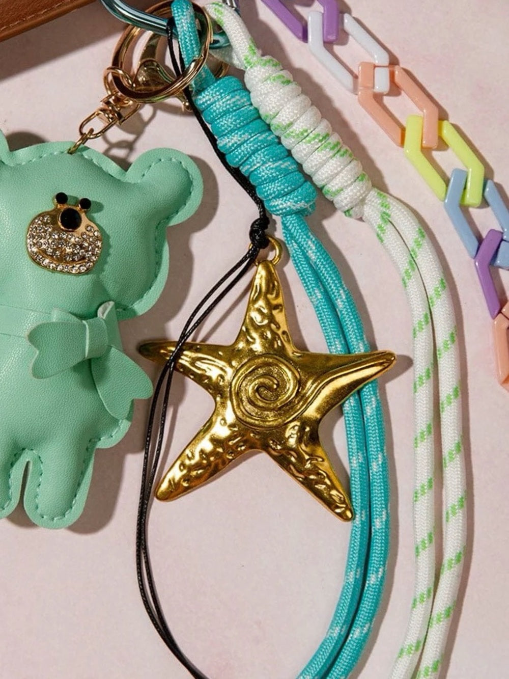 Mint Bear Charm with Gold Star Charm and Pastel Chain