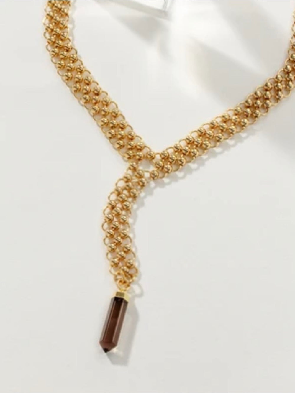 A707. Luna Norte Gold Chain Lariat Necklace with Brown Pendant