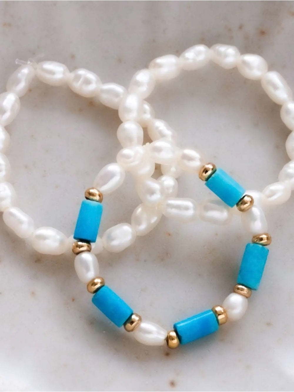 A708. Luna Norte Freshwater Pearl and Turquoise Bead Stretch Rings