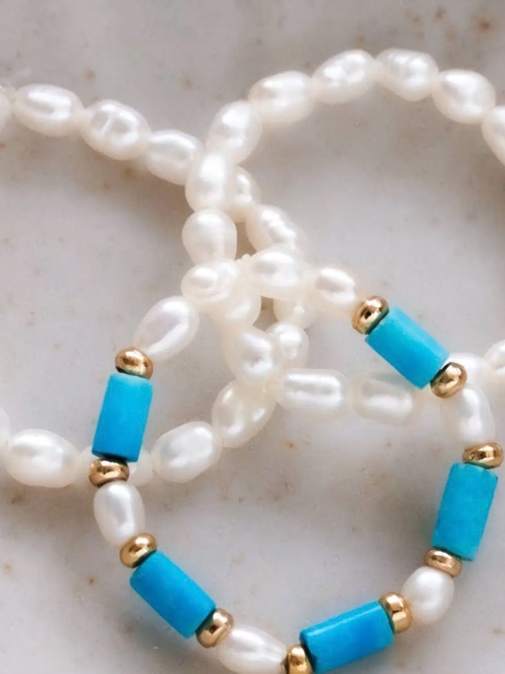 A708. Luna Norte Freshwater Pearl and Turquoise Bead Stretch Rings