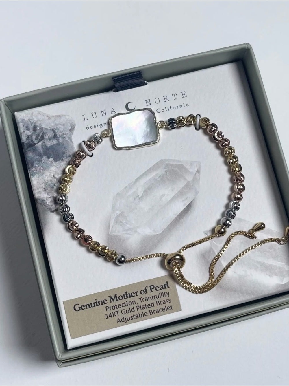 A714, Luna Norte Tri-Tone Gold Adjustable Bracelet with Mother of Pearl Center