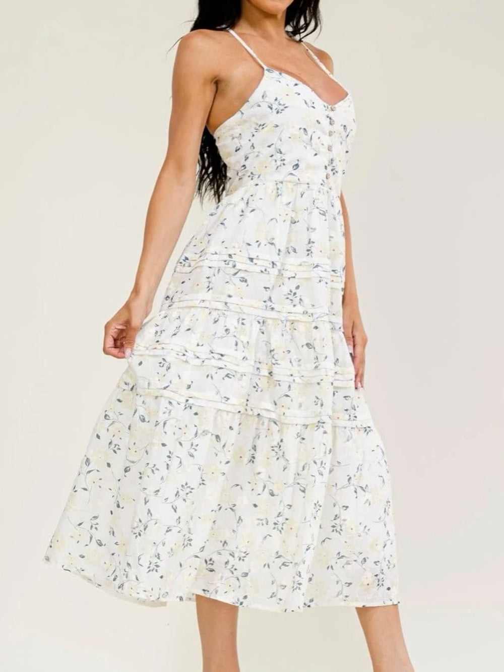 A716. Floral Spaghetti Strap Midi Dress in Cream