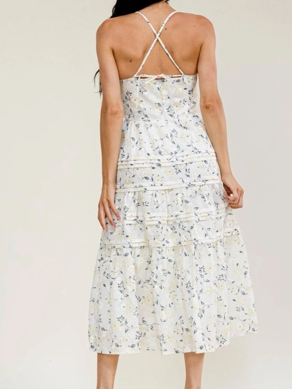 A716. Floral Spaghetti Strap Midi Dress in Cream