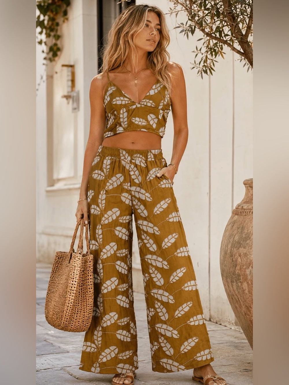 A717. Olive Leaf-Print Wide Leg Pants & Top Set