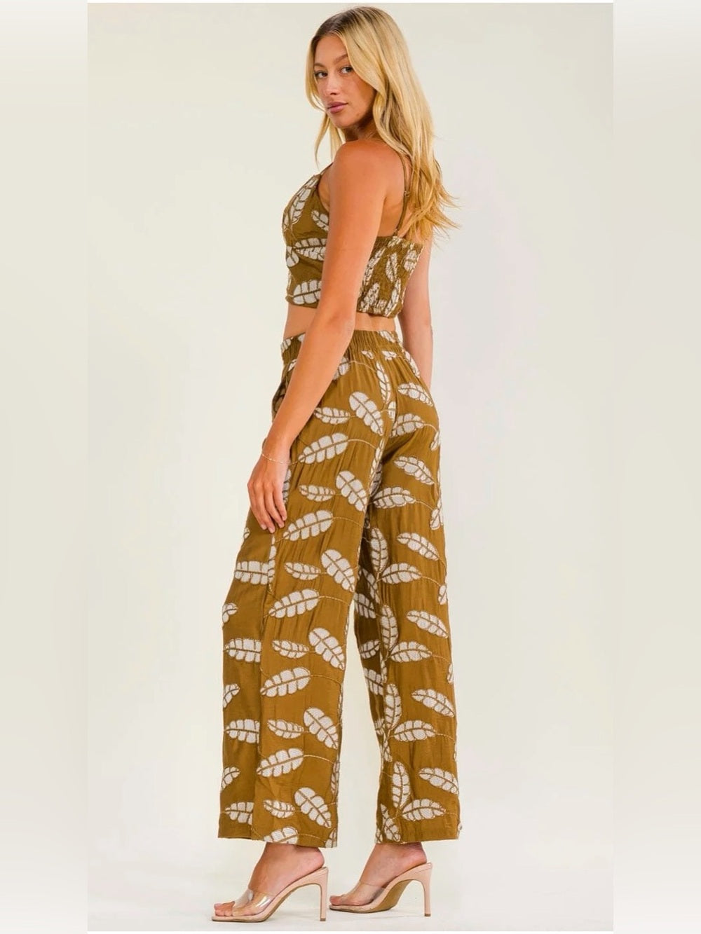 A717. Olive Leaf-Print Wide Leg Pants & Top Set