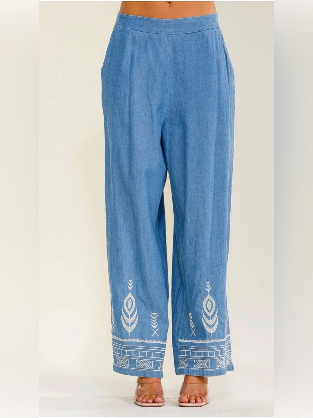 A719. Boho Wide-Leg Embroidered Cotton Pants - Blue