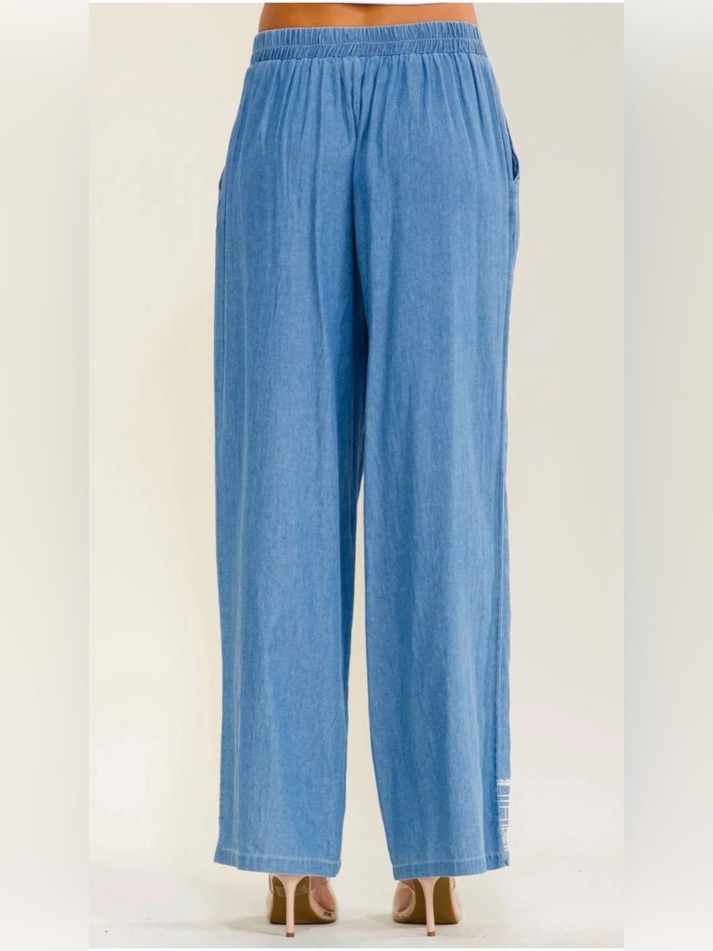 A719. Boho Wide-Leg Embroidered Cotton Pants - Blue