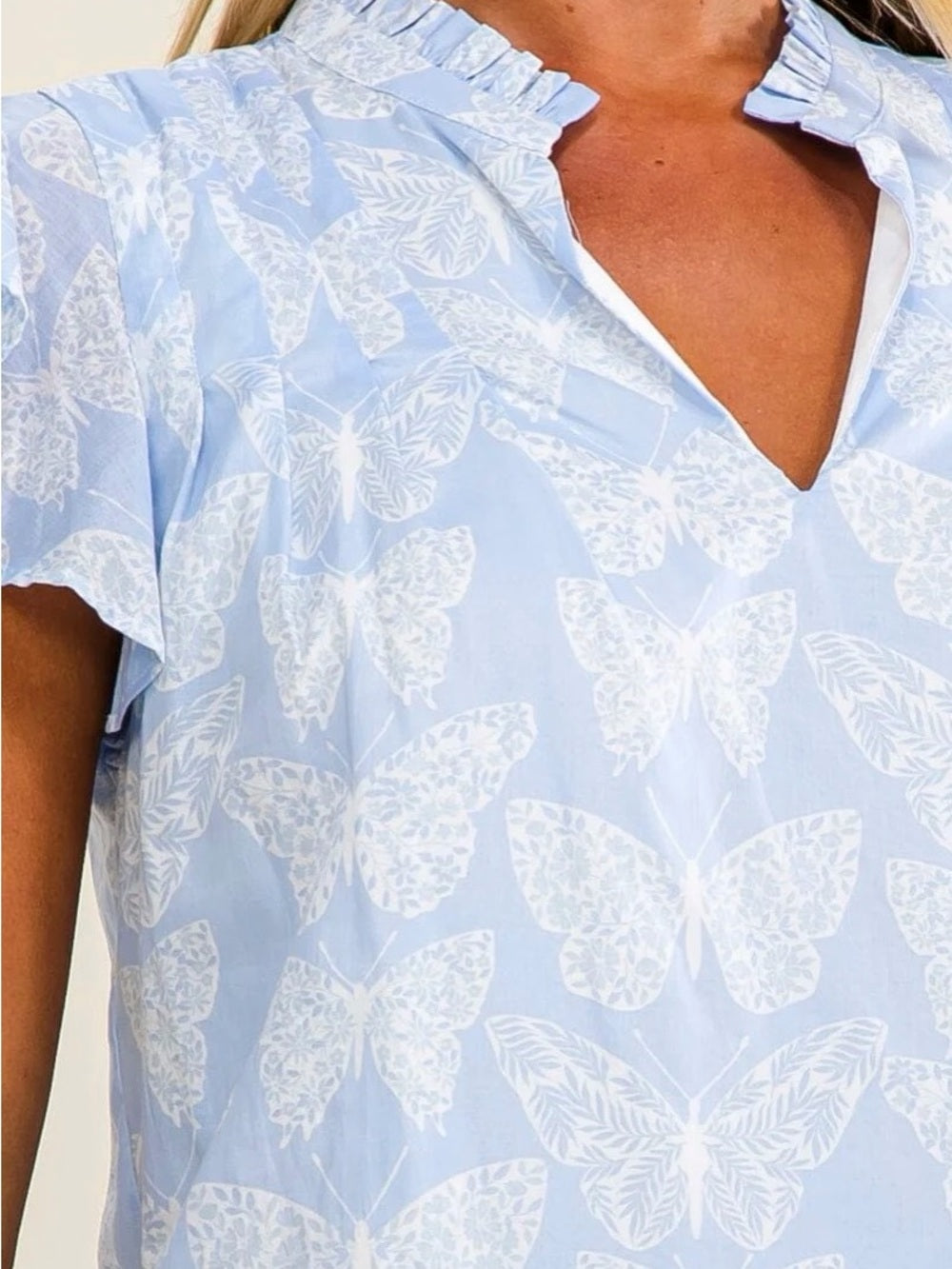 A720. Women's Light Blue Butterfly Print Flutter Sleeve Top