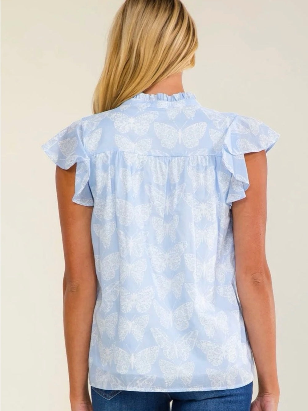 A720. Women's Light Blue Butterfly Print Flutter Sleeve Top