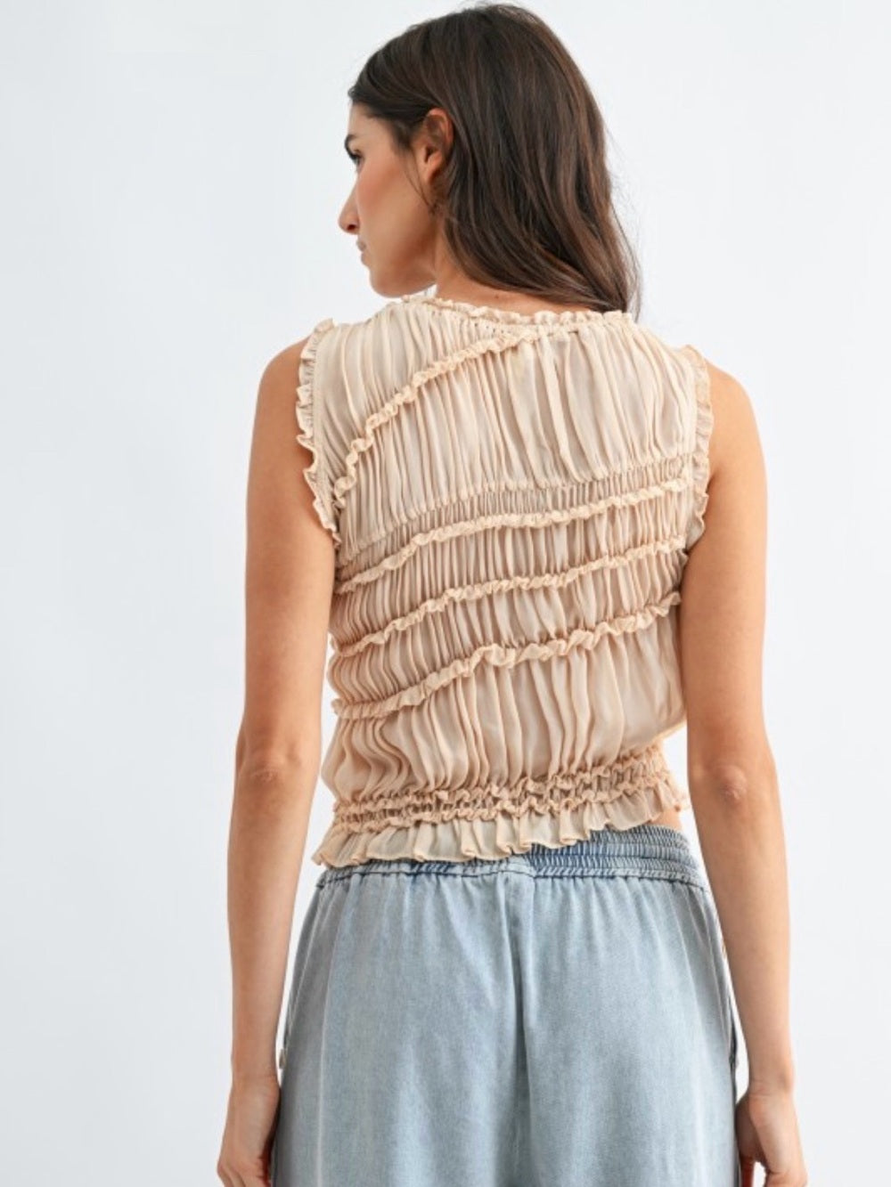 A721. Pleated Ruffle Ruched Sleeveless Top in Beige