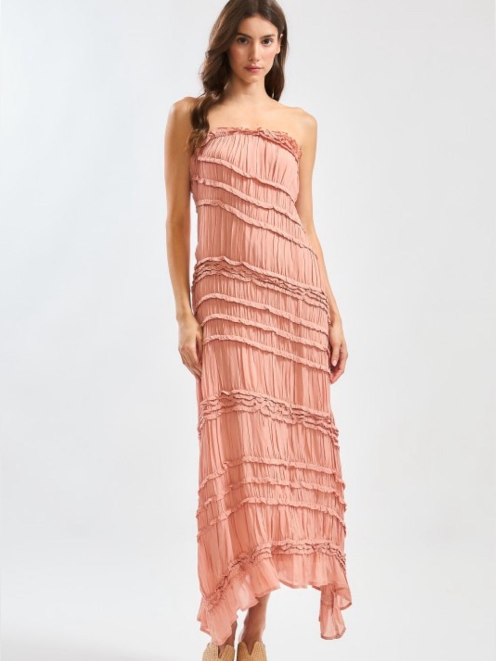 A722. Strapless Ruffle Ruched Maxi Dress in Dusty Rose