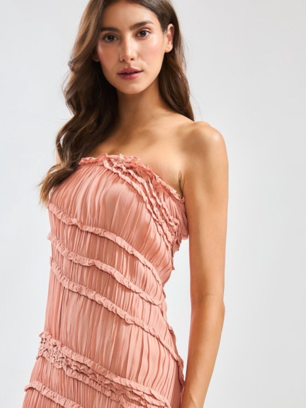 A722. Strapless Ruffle Ruched Maxi Dress in Dusty Rose