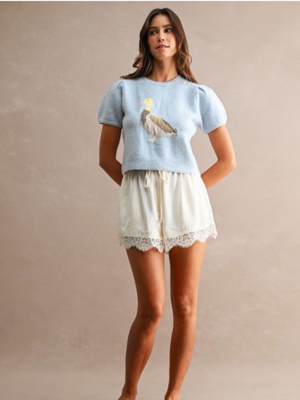 A724. Light Blue Puff-Sleeve Cropped Sweater with Duck Jacquard