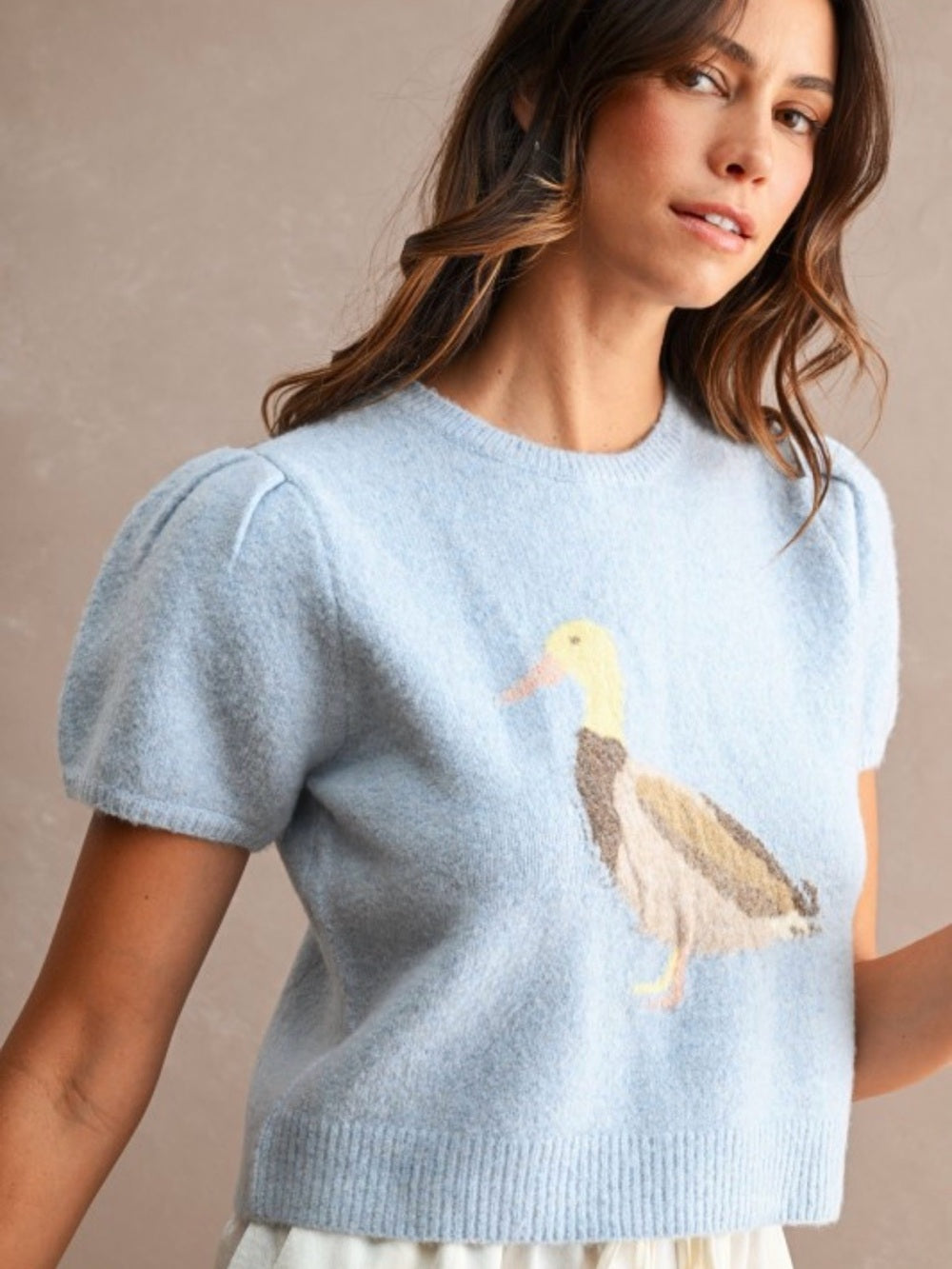 A724. Light Blue Puff-Sleeve Cropped Sweater with Duck Jacquard