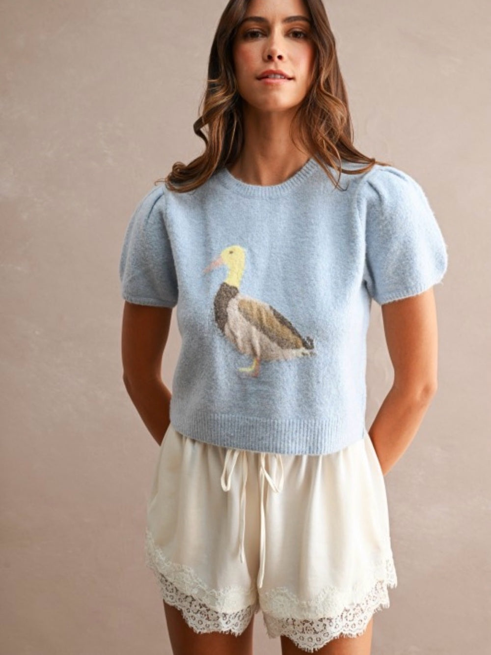 A724. Light Blue Puff-Sleeve Cropped Sweater with Duck Jacquard