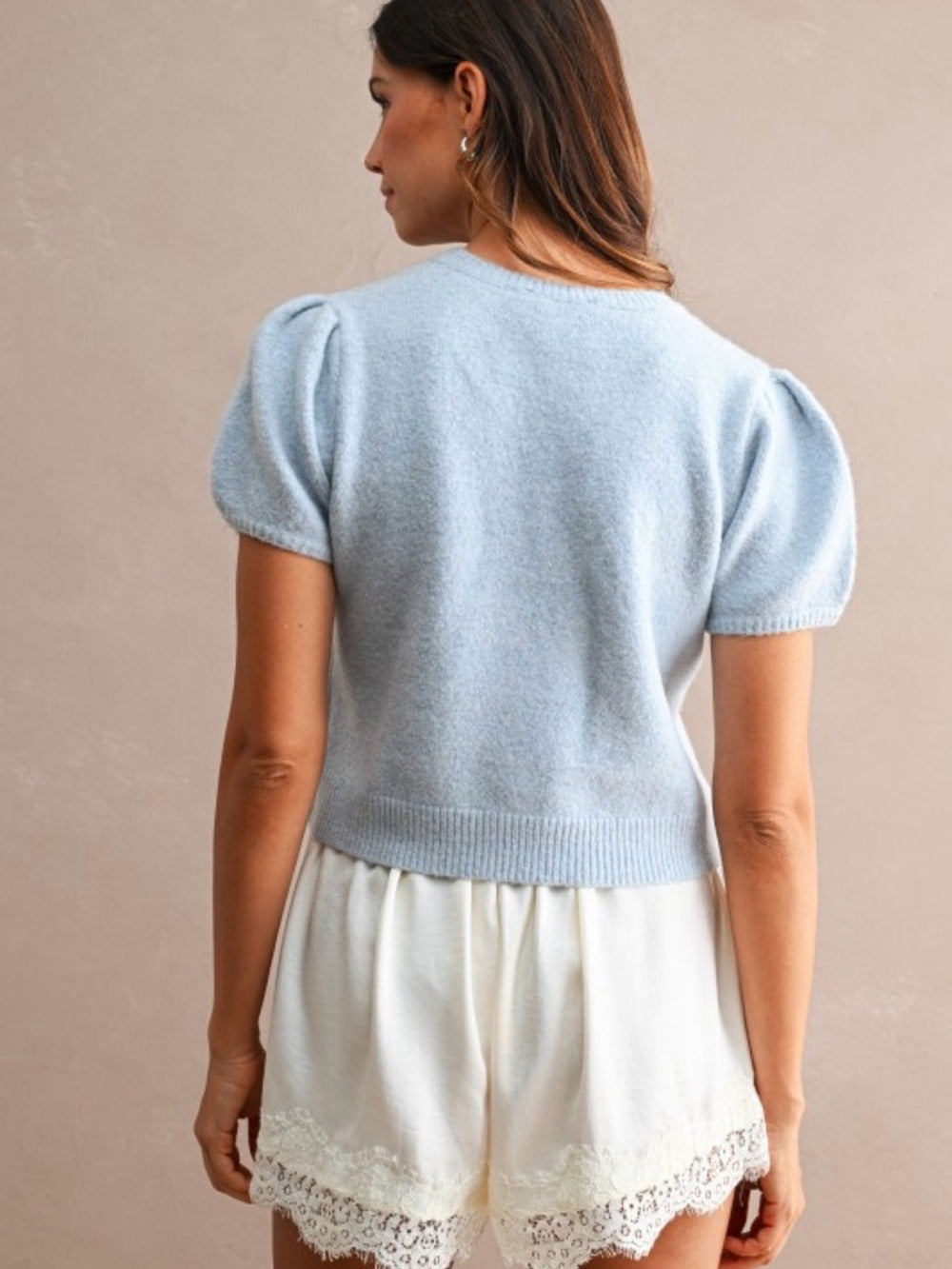 A724. Light Blue Puff-Sleeve Cropped Sweater with Duck Jacquard