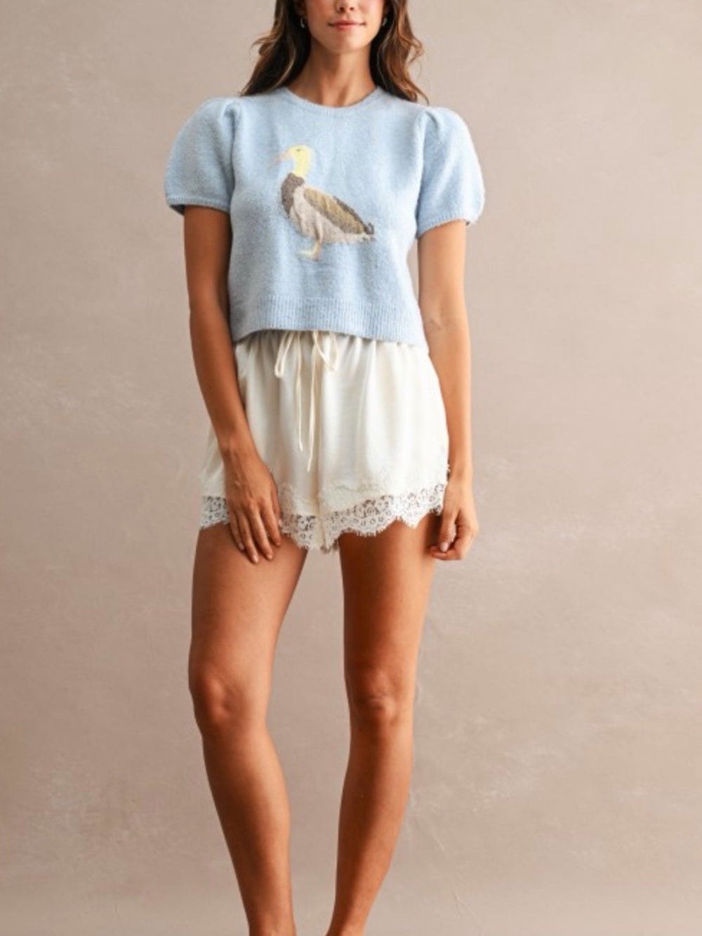A724. Light Blue Puff-Sleeve Cropped Sweater with Duck Jacquard