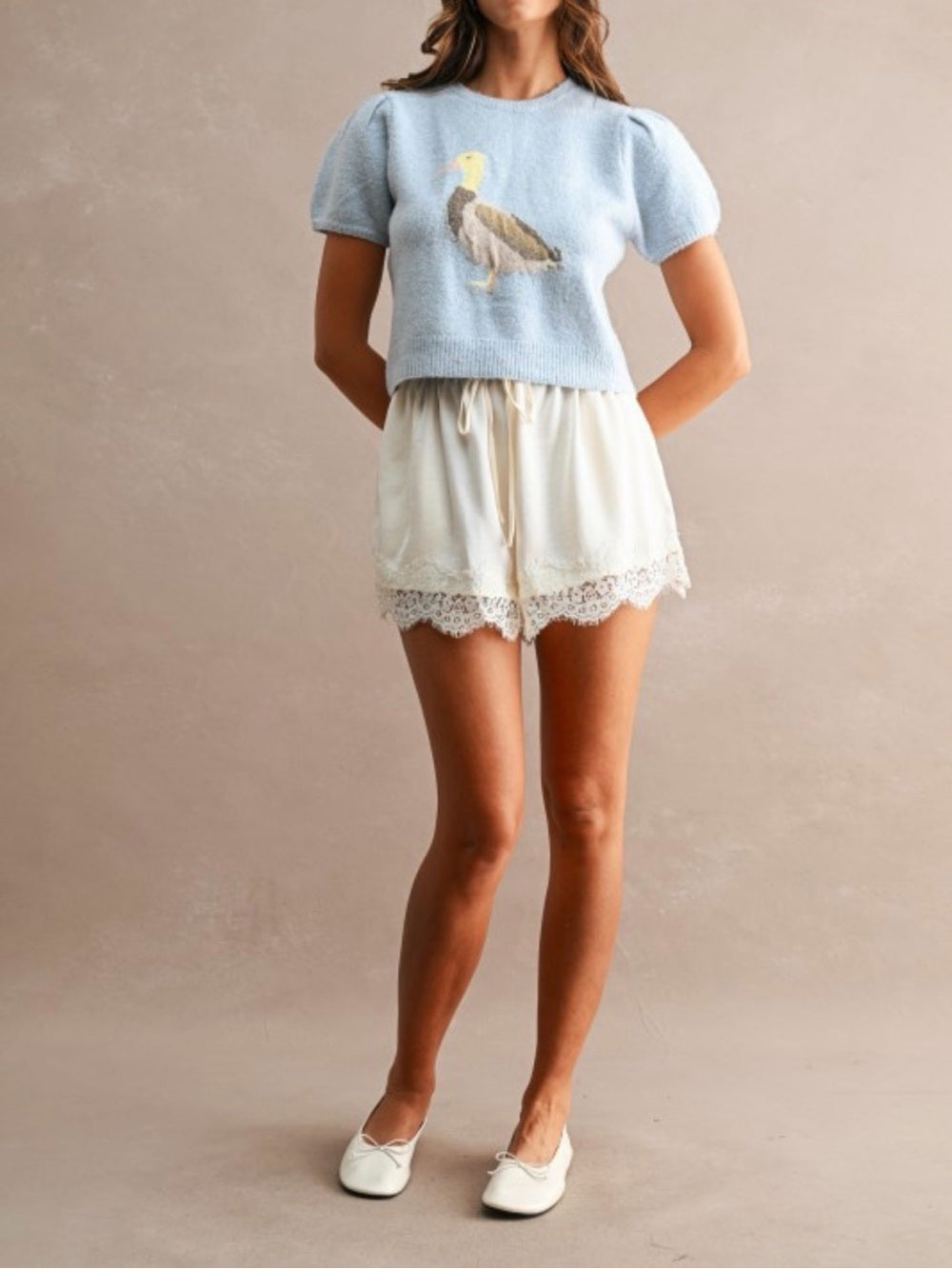 A726. Mable Cream Lace Trim Drawstring Shorts