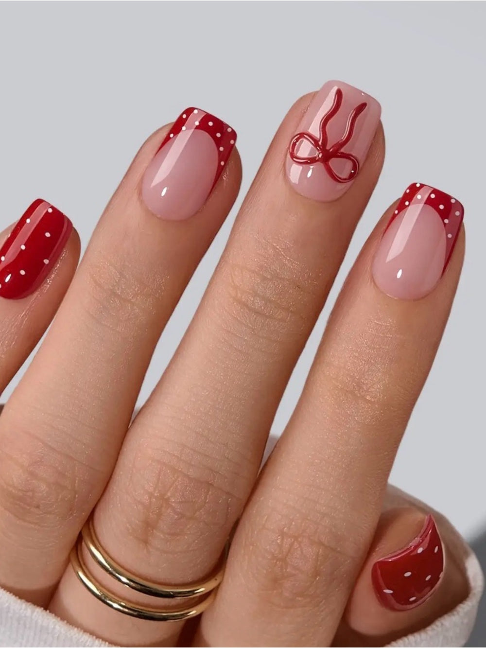 Red Polka Dot French Tip Press-On Nails with Bow Accent - Women Makeup