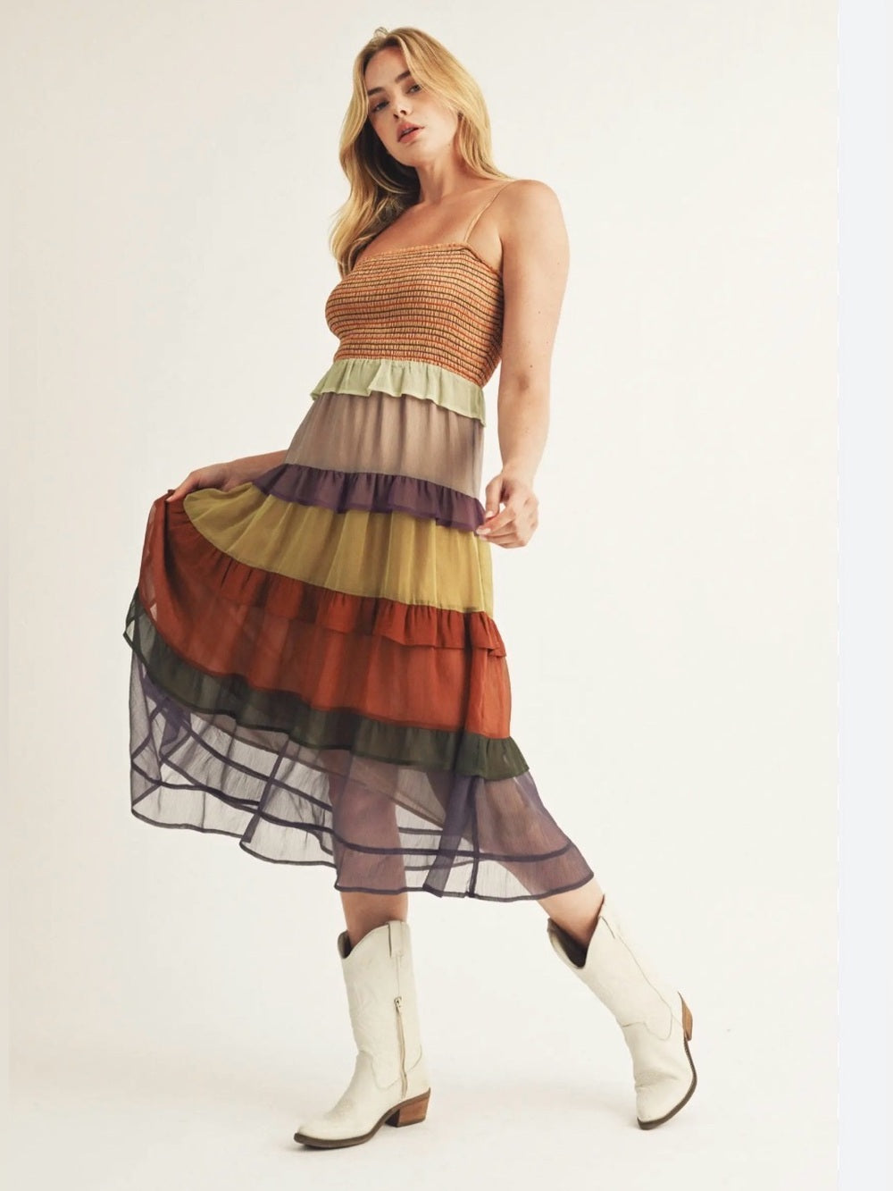 A728. Tiered Sheer Midi Skirt Dress in Autumn Multi