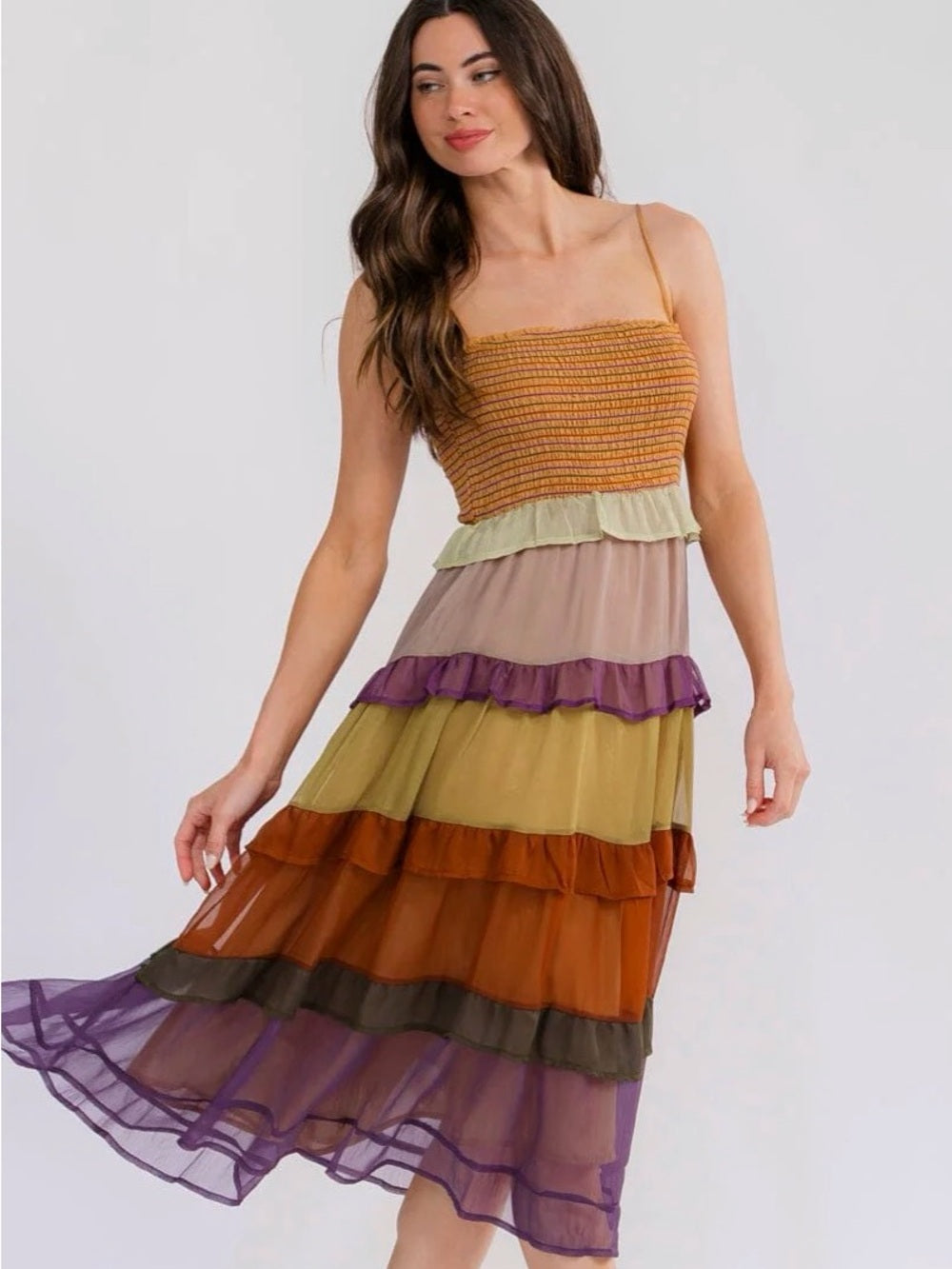 A728. Tiered Sheer Midi Skirt Dress in Autumn Multi