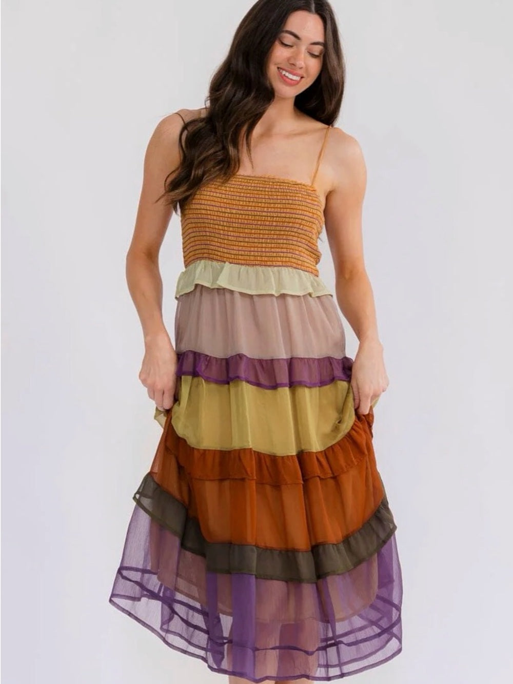 A728. Tiered Sheer Midi Skirt Dress in Autumn Multi