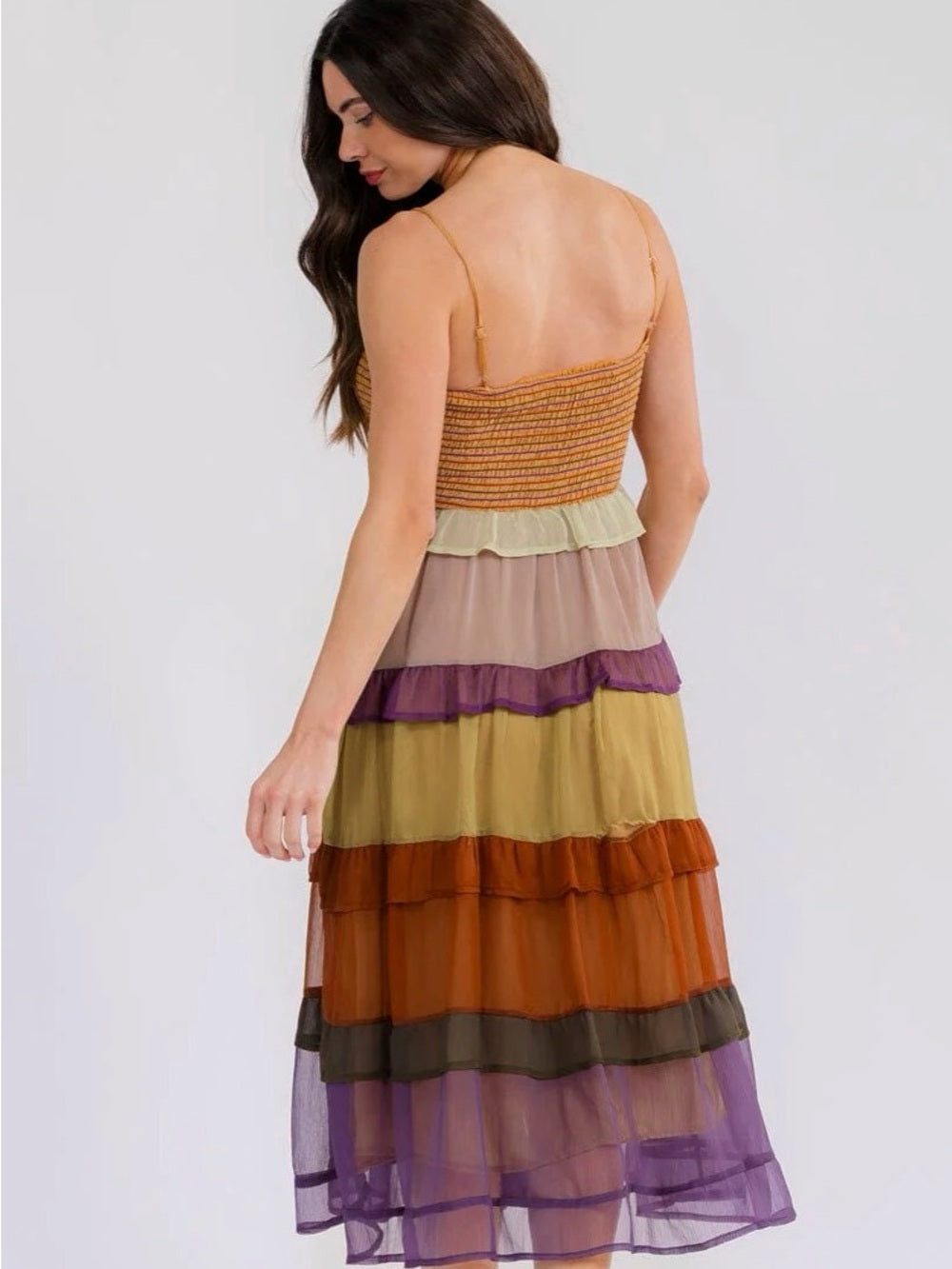 A728. Tiered Sheer Midi Skirt Dress in Autumn Multi