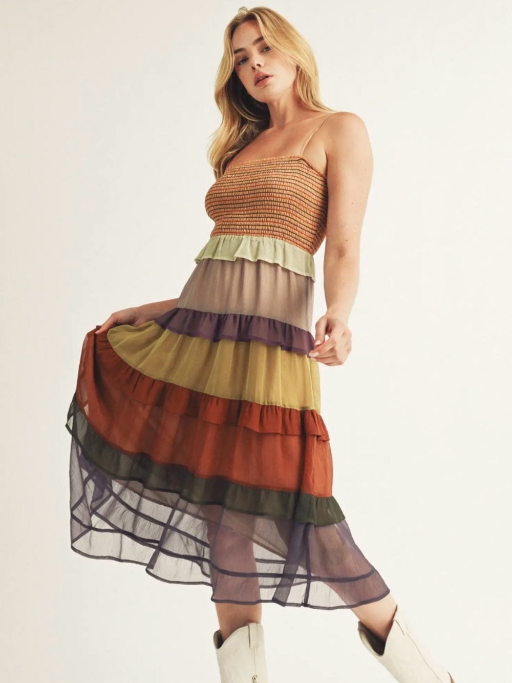 A728. Tiered Sheer Midi Skirt Dress in Autumn Multi