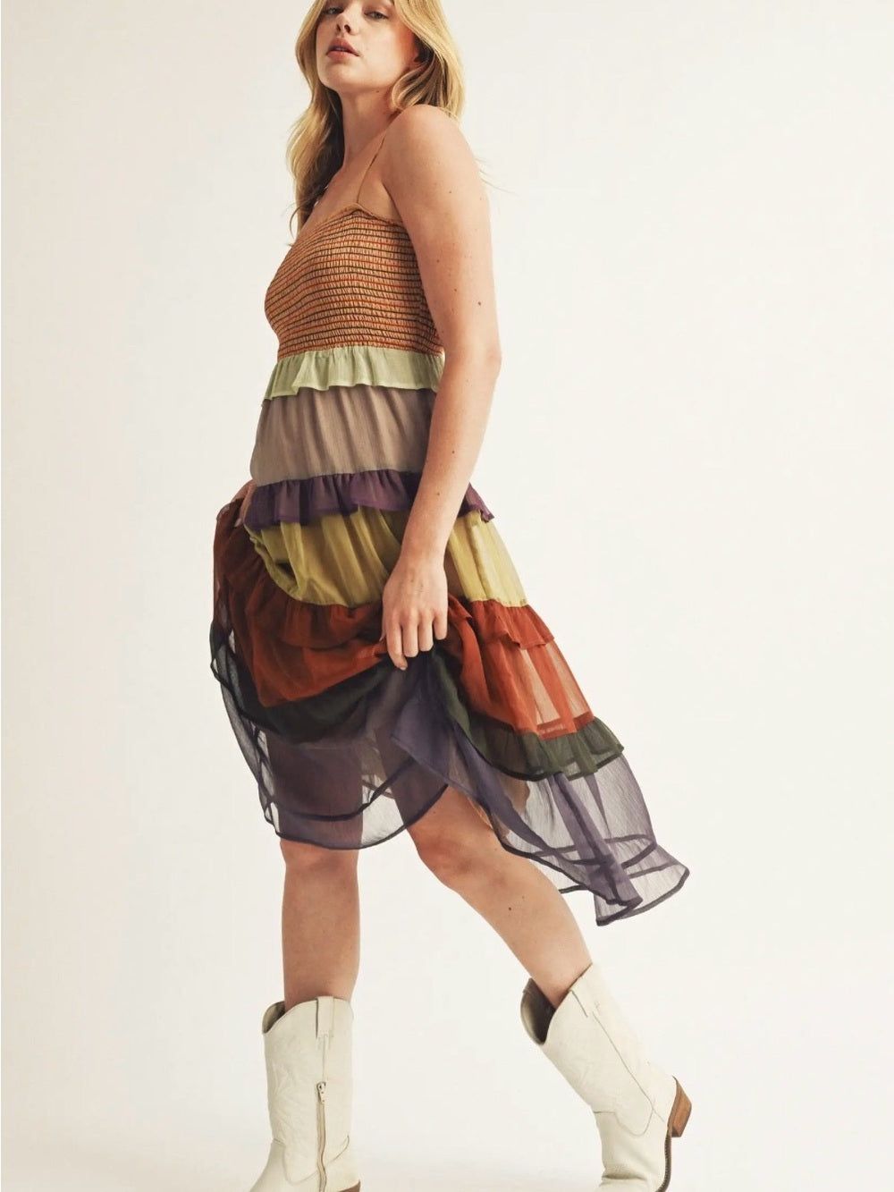 A728. Tiered Sheer Midi Skirt Dress in Autumn Multi