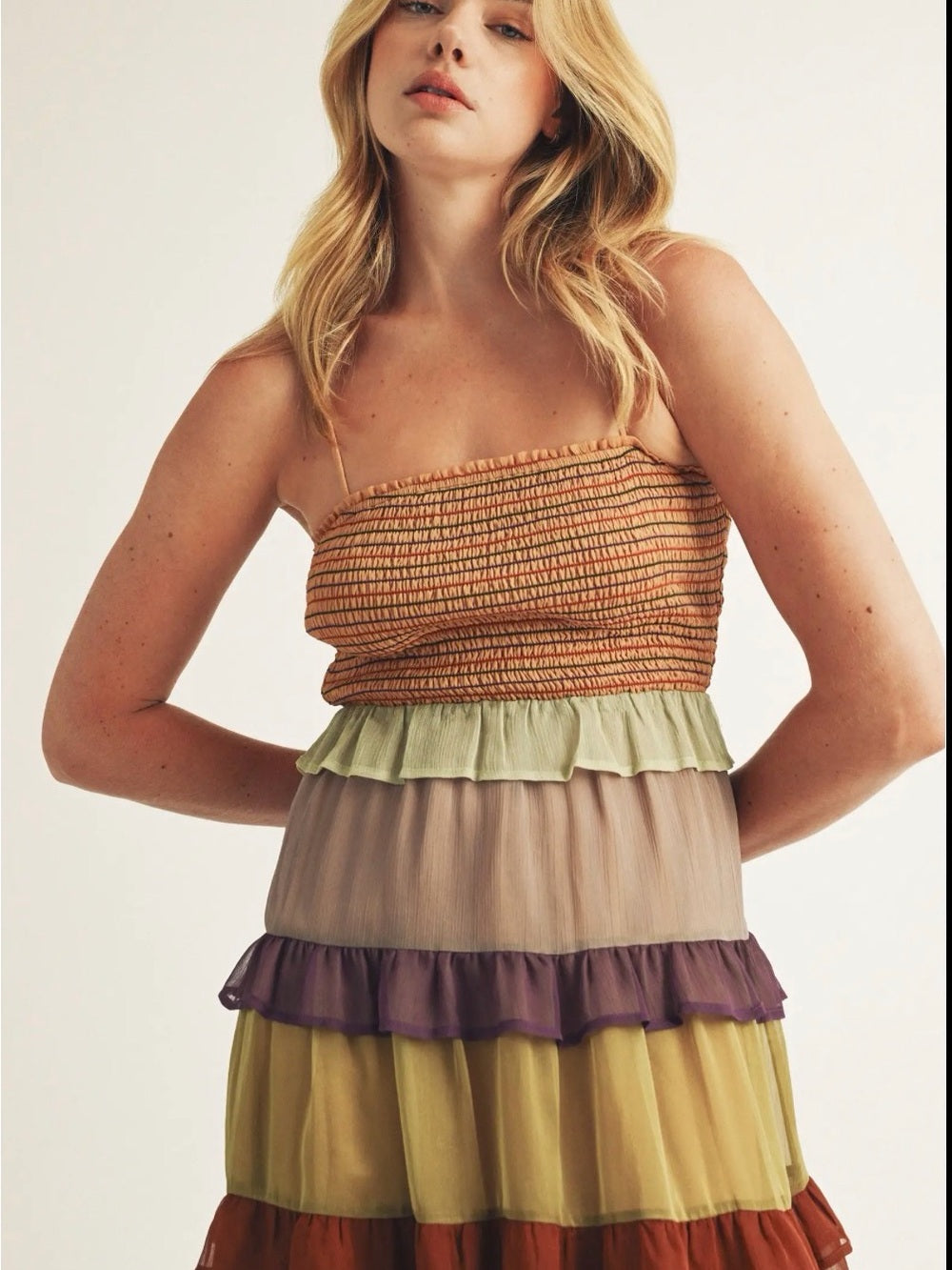 A728. Tiered Sheer Midi Skirt Dress in Autumn Multi