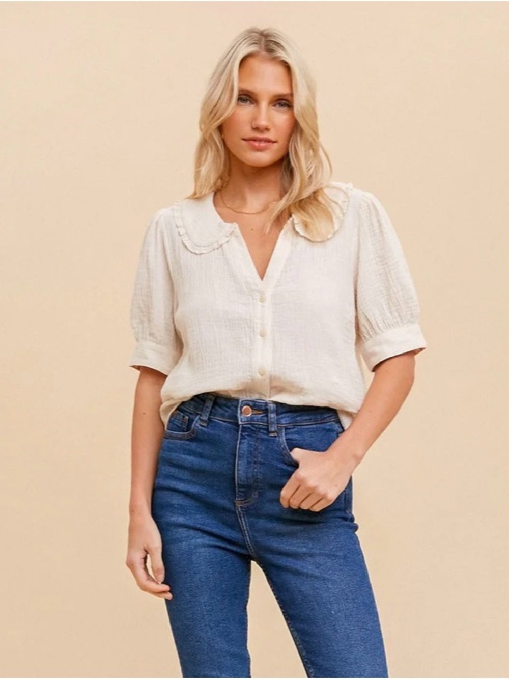 A729. Women's Cream Button-Front Blouse with Peter Pan Collar