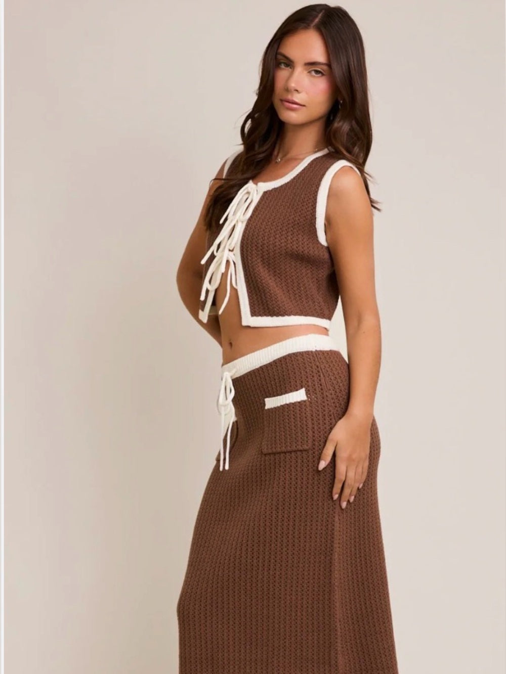 A730. Brown Knit Maxi Skirt & Vest Set with Contrast Trim